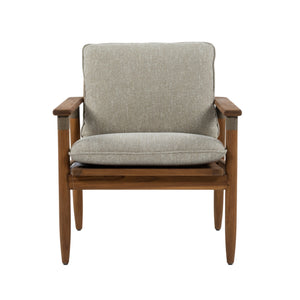 A mid-century modern accent chair with a warm brown wooden frame and thick, textured light beige fabric cushions, shown against a plain white background.