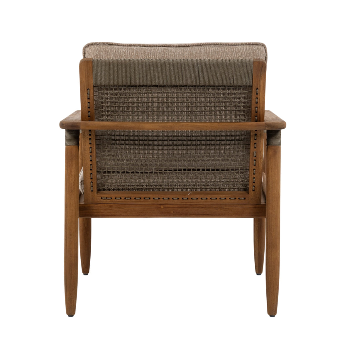A wooden outdoor lounge chair with a woven cane backrest and seat cushion, shown from the rear on a white background.