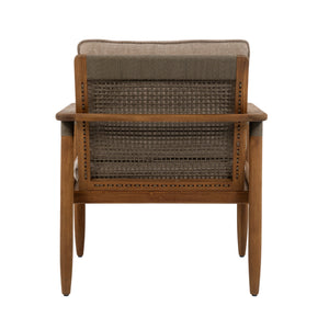 A wooden outdoor lounge chair with a woven cane backrest and seat cushion, shown from the rear on a white background.