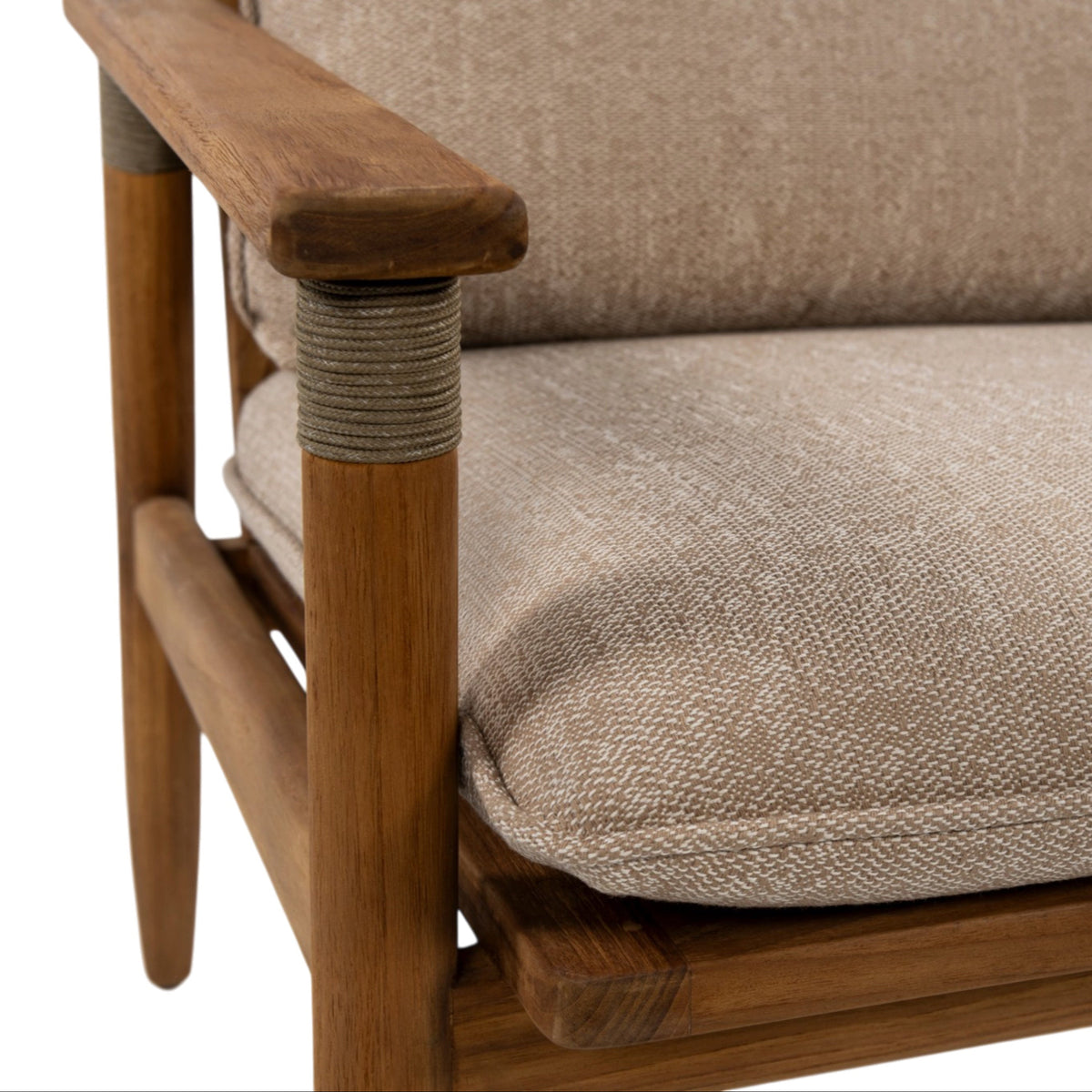 Close-up of a wooden armchair corner showing a warm medium-brown wood frame, rope-wrapped arm post, and textured beige woven seat and back cushions.
