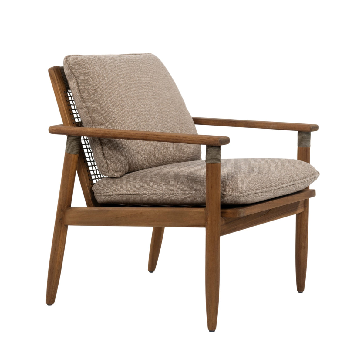 A mid-century modern accent chair with a warm brown wooden frame, upholstered in a textured beige fabric, and a woven cane backrest, shown on a solid white background.