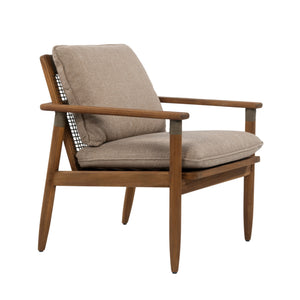 A mid-century modern accent chair with a warm brown wooden frame, upholstered in a textured beige fabric, and a woven cane backrest, shown on a solid white background.