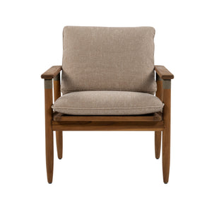 A modern wooden armchair with a warm brown frame and thick, textured beige fabric cushions on the backrest and seat, shown against a plain white background.