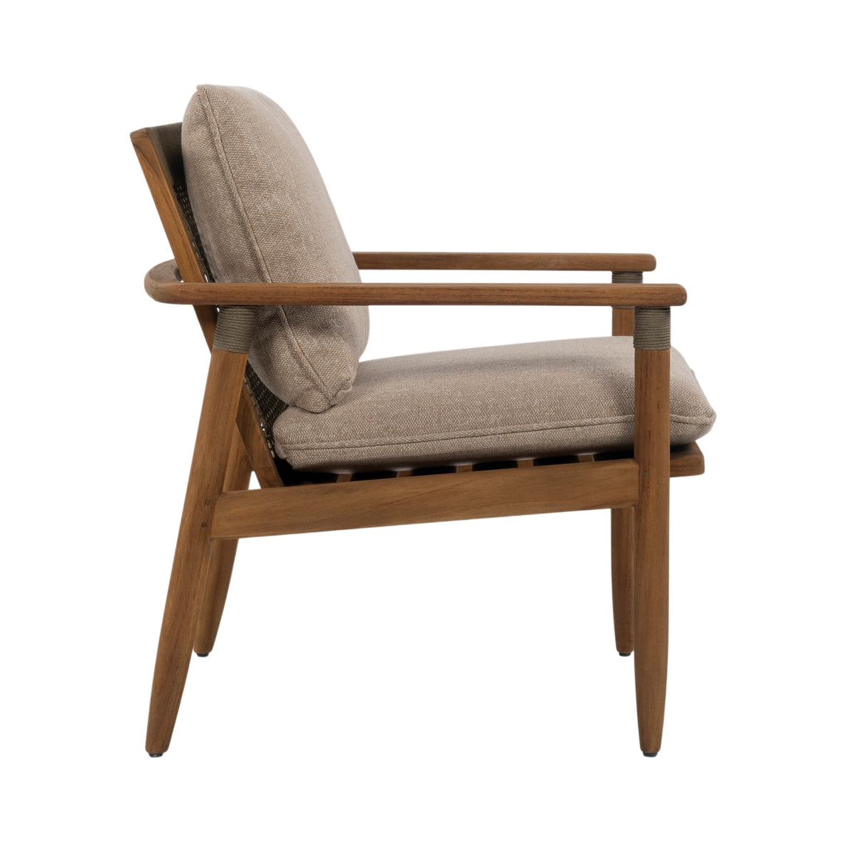 A mid-century modern wooden armchair with a warm brown frame and textured beige fabric cushions, shown from a three-quarters angle on a solid white background.
