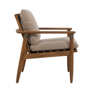 A mid-century modern wooden armchair with a warm brown frame and textured beige fabric cushions, shown from a three-quarters angle on a solid white background.