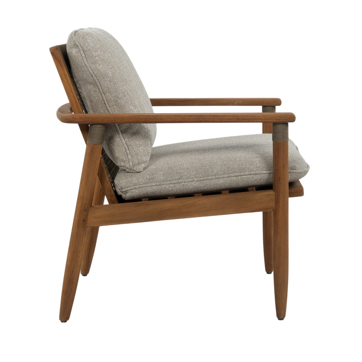 A mid-century modern wooden armchair with light beige textured fabric cushions, shown from a three-quarters angle against a solid white background.