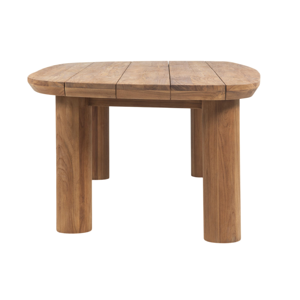 A rustic wooden table with a rounded, multi-panel tabletop and four thick cylindrical legs, shown on a solid white background.
