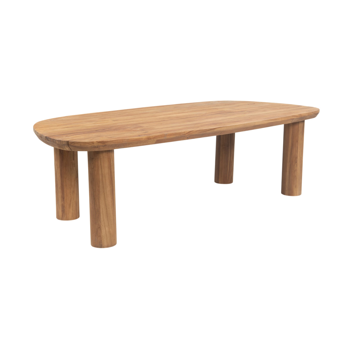 An oval-shaped wooden coffee table with a natural teak finish and four sturdy cylindrical legs, shown against a plain white background.