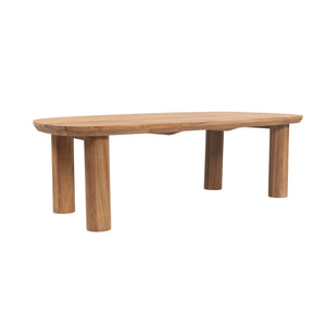A rustic oval wooden coffee table with a live-edge top and four thick cylindrical legs, shown on a plain white background.