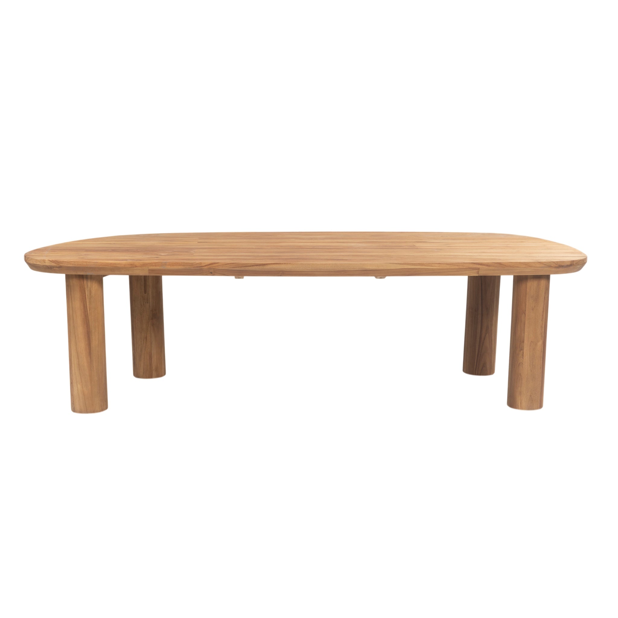 A low, rounded rectangular wooden table with four thick cylindrical legs, shown against a plain white background.