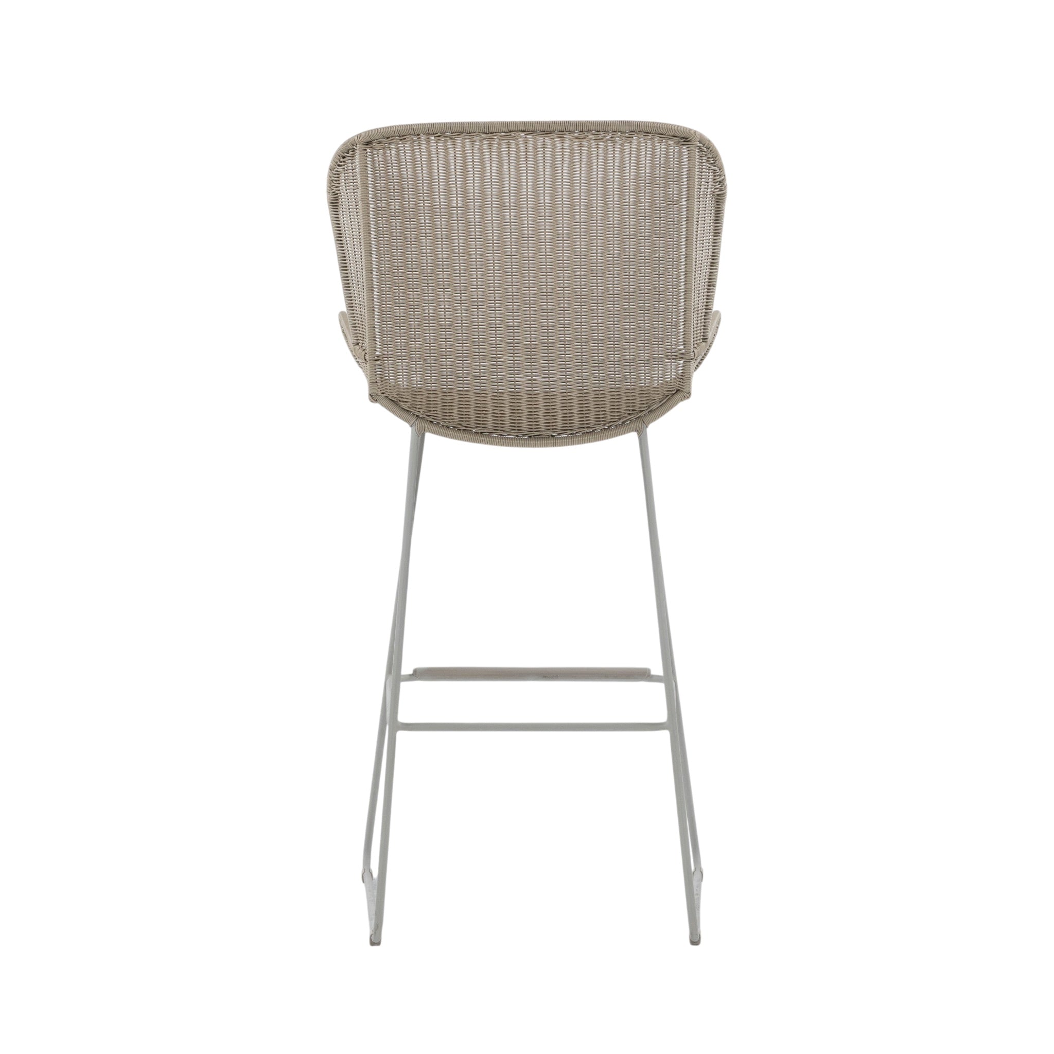Nairobi Outdoor Bar Stool in Greige / Linen with woven resin wicker seat, curved backrest, integrated armrests and powder-coated aluminium frame. Back view.