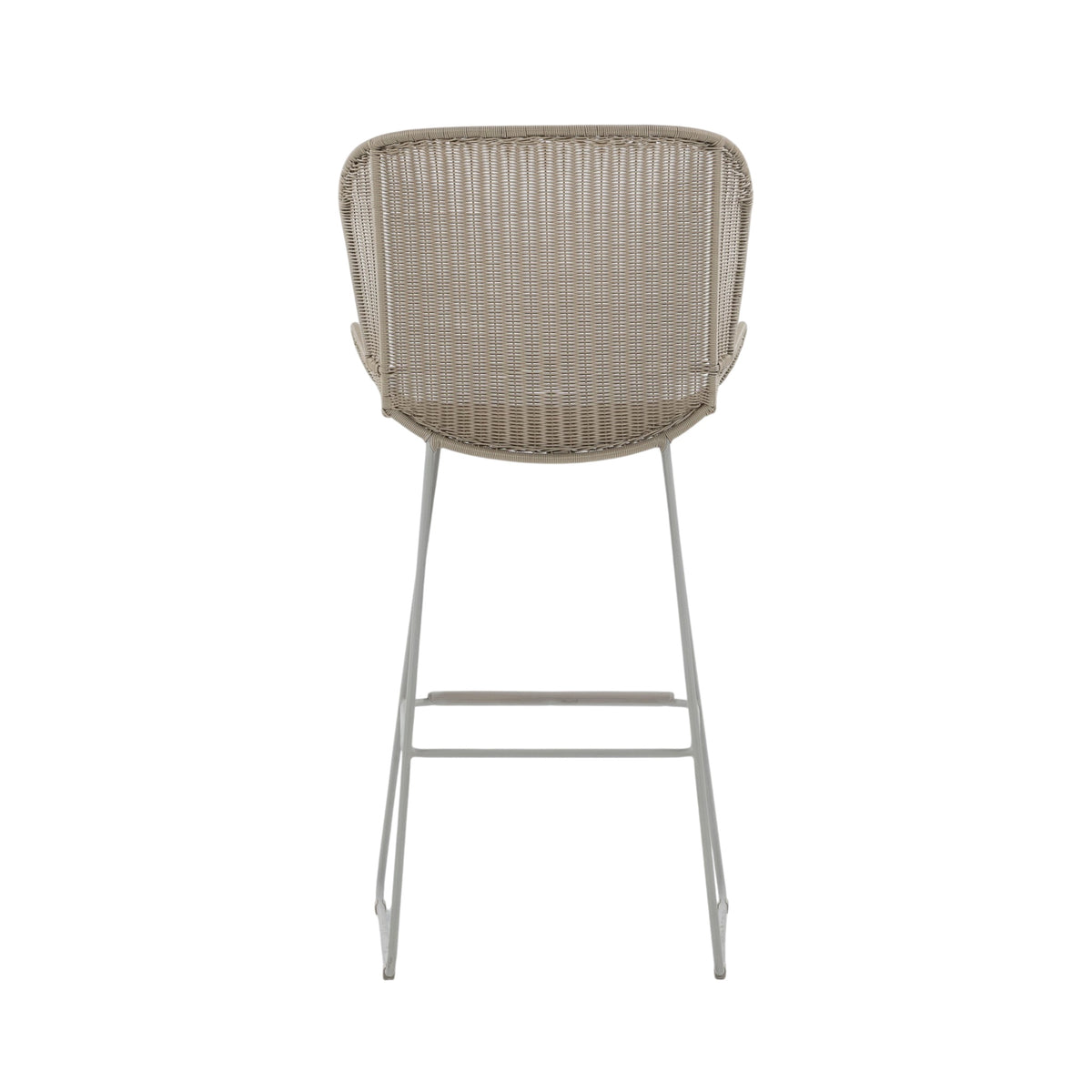 Nairobi Outdoor Bar Stool in Greige / Linen with woven resin wicker seat, curved backrest, integrated armrests and powder-coated aluminium frame. Back view.
