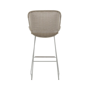Nairobi Outdoor Bar Stool in Greige / Linen with woven resin wicker seat, curved backrest, integrated armrests and powder-coated aluminium frame. Back view.