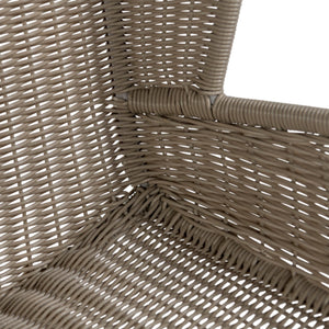 Nairobi Outdoor Bar Stool in Greige / Linen with woven resin wicker seat, curved backrest, integrated armrests and powder-coated aluminium frame. Closeup view.