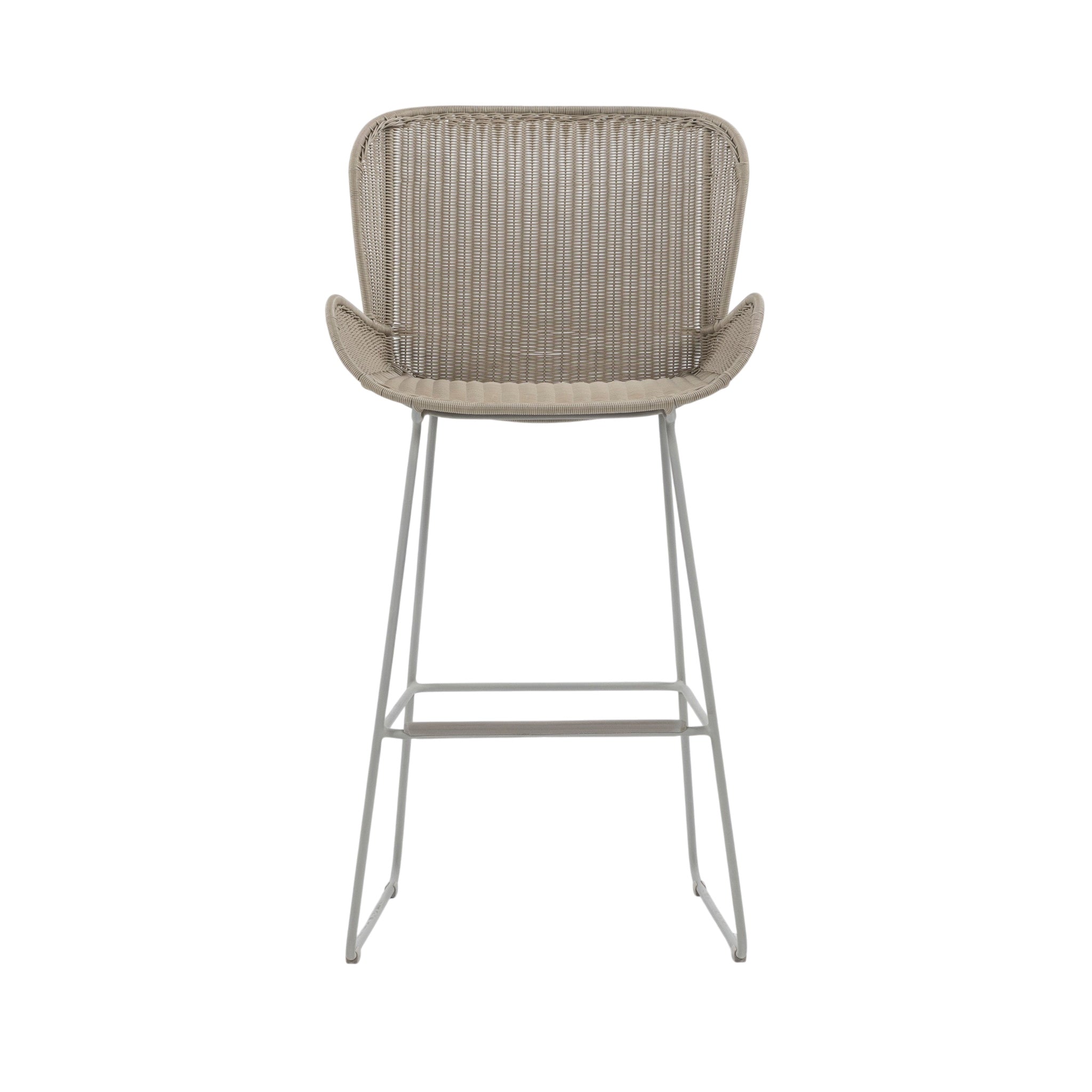 Nairobi Outdoor Bar Stool in Greige / Linen with woven resin wicker seat, curved backrest, integrated armrests and powder-coated aluminium frame. Front view.