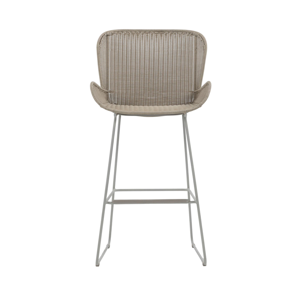Nairobi Outdoor Bar Stool in Greige / Linen with woven resin wicker seat, curved backrest, integrated armrests and powder-coated aluminium frame. Front view.