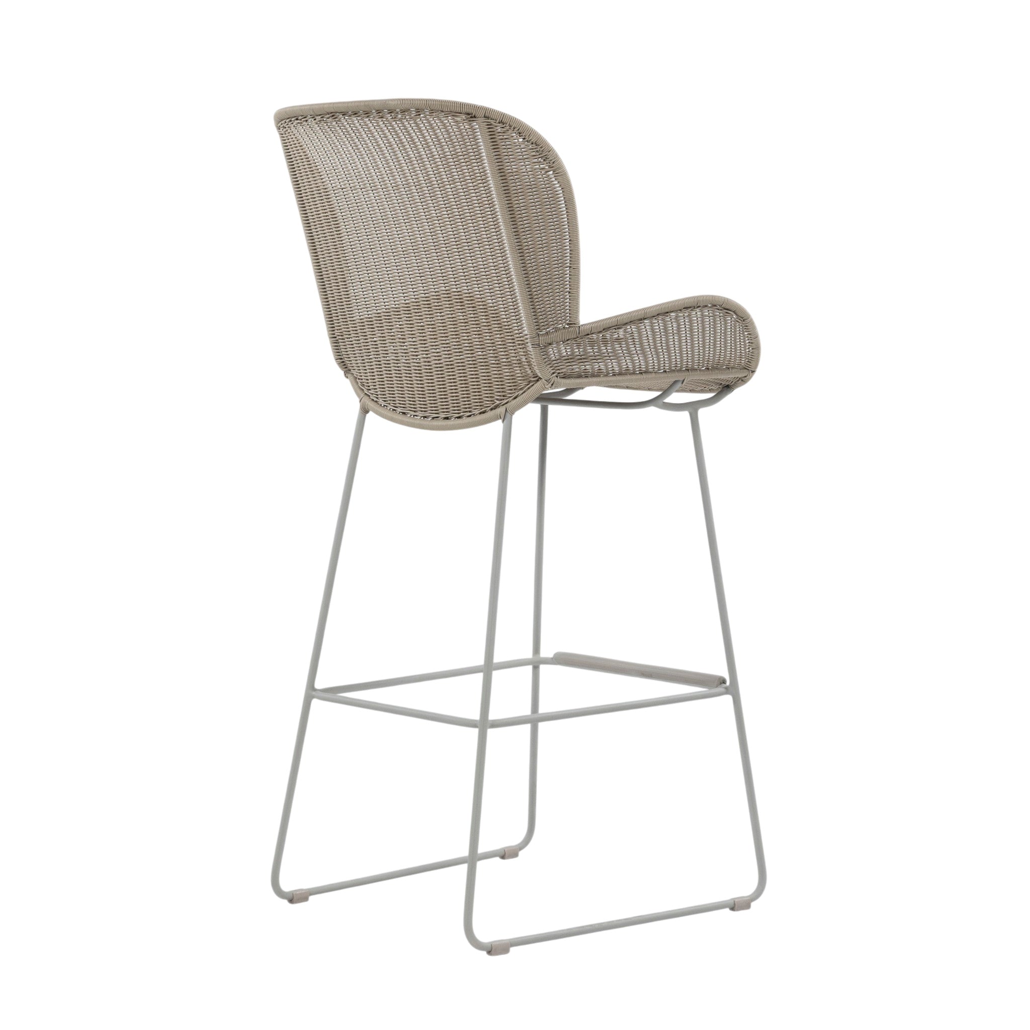 Nairobi Outdoor Bar Stool in Greige / Linen with woven resin wicker seat, curved backrest, integrated armrests and powder-coated aluminium frame. Back angle view.