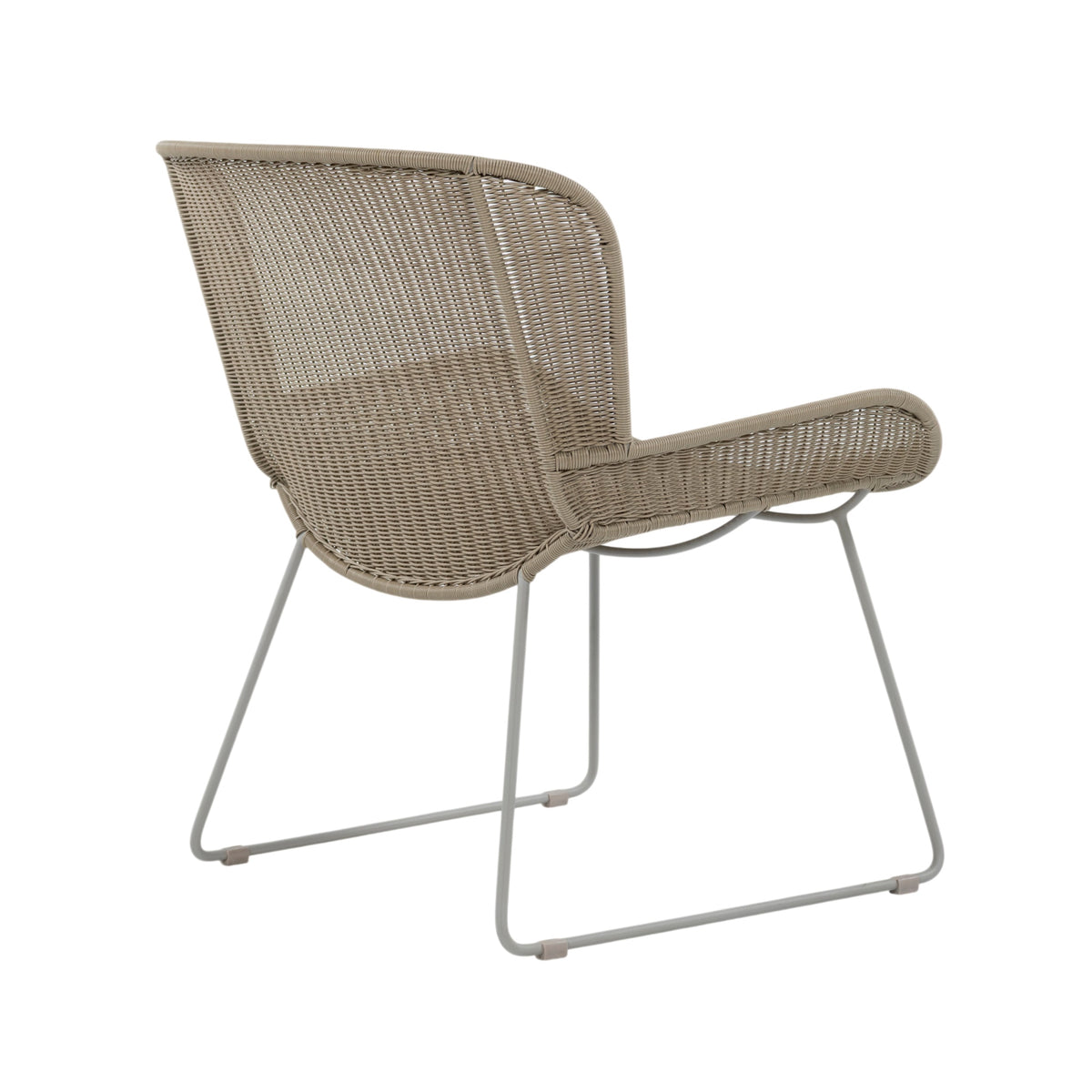 Nairobi Pure Wicker Lounge Chair in Greige / Linen with curved synthetic wicker seat, wraparound backrest and powder-coated aluminium legs. Back angle view.