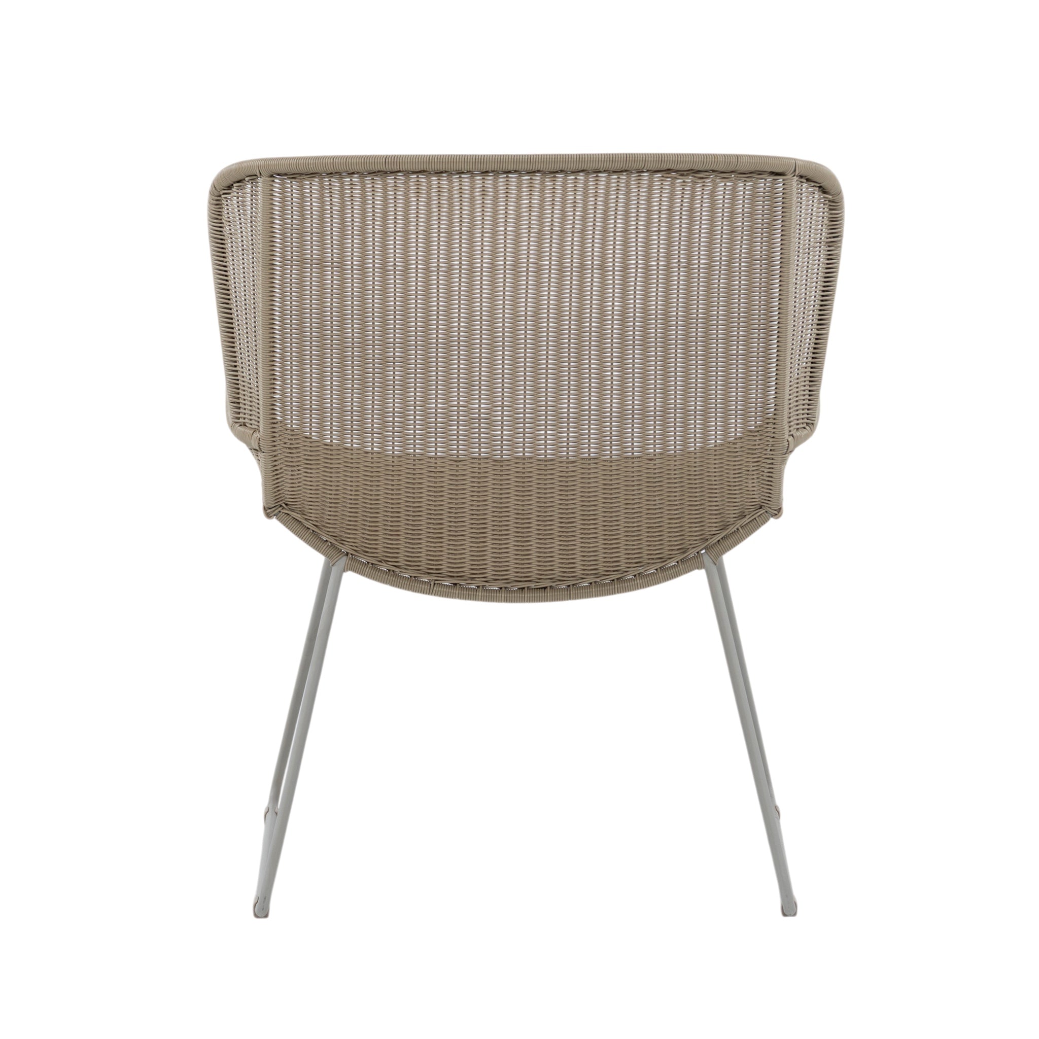 Nairobi Pure Wicker Lounge Chair in Greige / Linen with curved synthetic wicker seat, wraparound backrest and powder-coated aluminium legs. Back view.