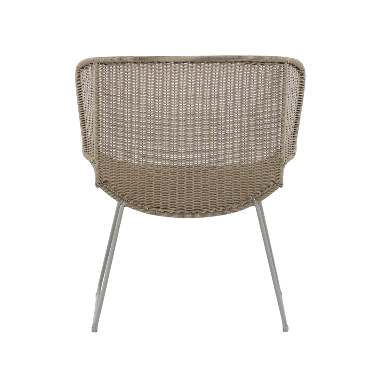 Nairobi Pure Wicker Lounge Chair in Greige / Linen with curved synthetic wicker seat, wraparound backrest and powder-coated aluminium legs. Back view.