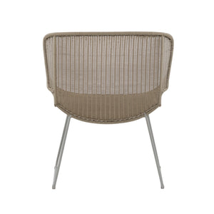 Nairobi Pure Wicker Lounge Chair in Greige / Linen with curved synthetic wicker seat, wraparound backrest and powder-coated aluminium legs. Back view.