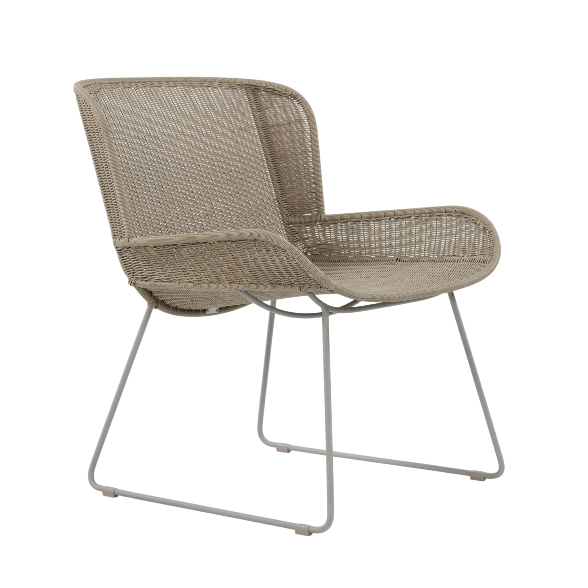 Nairobi Pure Wicker Lounge Chair in Greige / Linen with curved synthetic wicker seat, wraparound backrest and powder-coated aluminium legs. Front angle view.