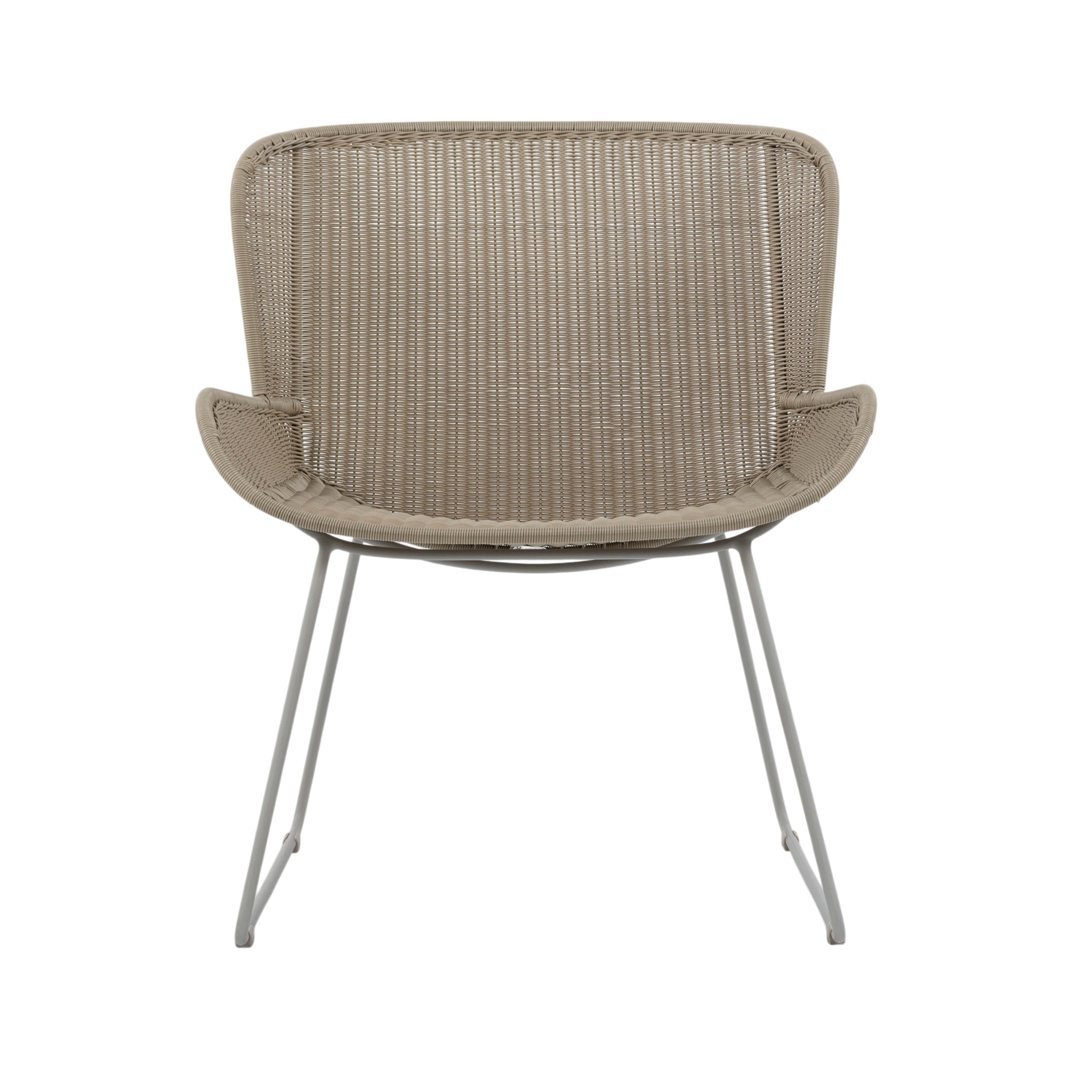 Nairobi Pure Wicker Lounge Chair in Greige / Linen with curved synthetic wicker seat, wraparound backrest and powder-coated aluminium legs. Front view.