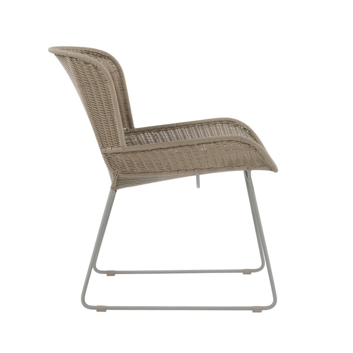 Nairobi Pure Wicker Lounge Chair in Greige / Linen with curved synthetic wicker seat, wraparound backrest and powder-coated aluminium legs. Side view.