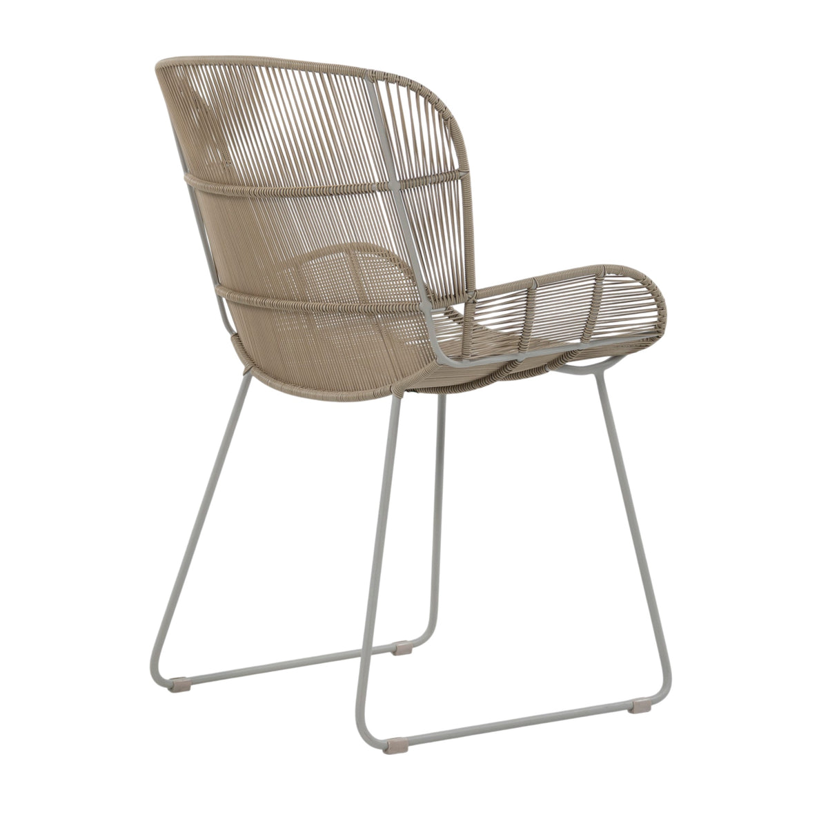 Nairobi Woven Dining Armchair in Greige / Linen, featuring a curved synthetic wicker seat and backrest with a coordinating metal sled-style frame. Back angle view.