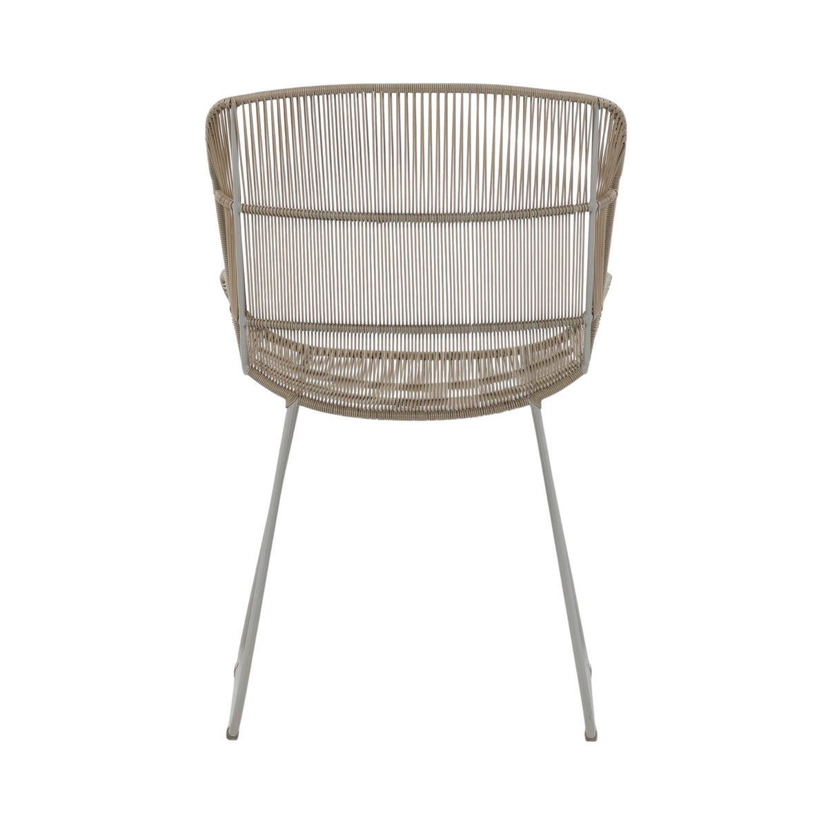 Nairobi Woven Dining Armchair in Greige / Linen, featuring a curved synthetic wicker seat and backrest with a coordinating metal sled-style frame. Back view.