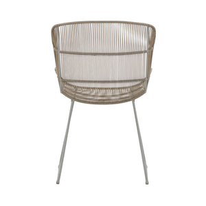 Nairobi Woven Dining Armchair in Greige / Linen, featuring a curved synthetic wicker seat and backrest with a coordinating metal sled-style frame. Back view.