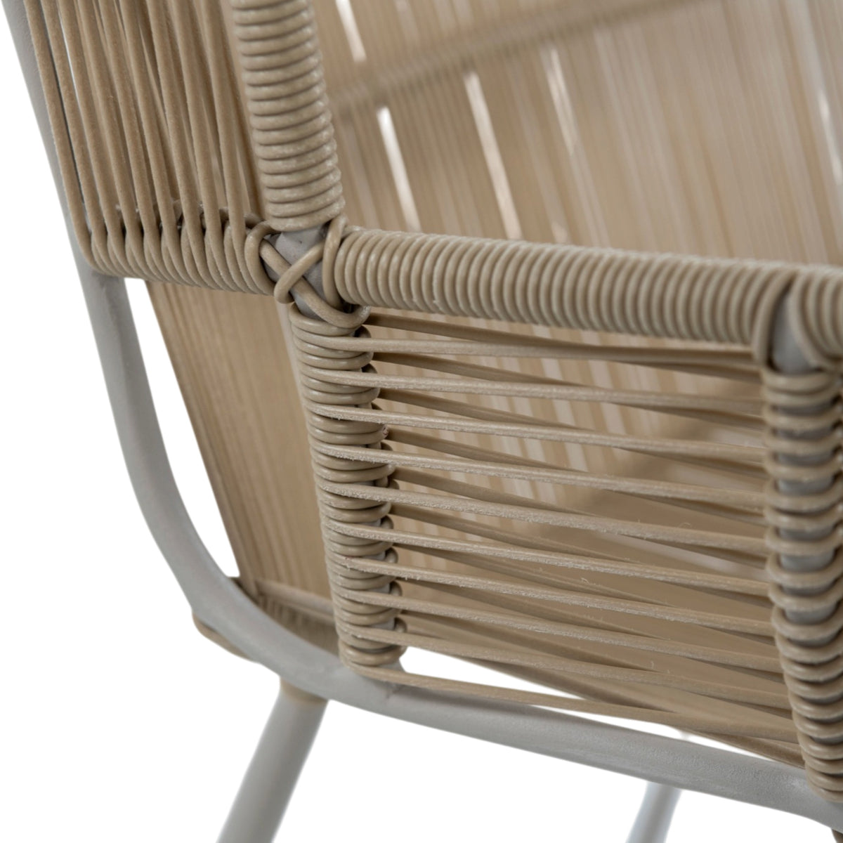 Nairobi Woven Dining Armchair in Greige / Linen, featuring a curved synthetic wicker seat and backrest with a coordinating metal sled-style frame. Closeup view.