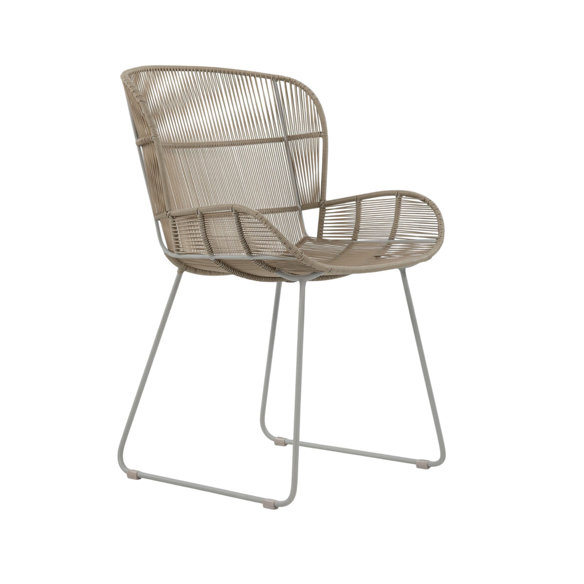 Nairobi Woven Dining Armchair in Greige / Linen, featuring a curved synthetic wicker seat and backrest with a coordinating metal sled-style frame. Front angle view.