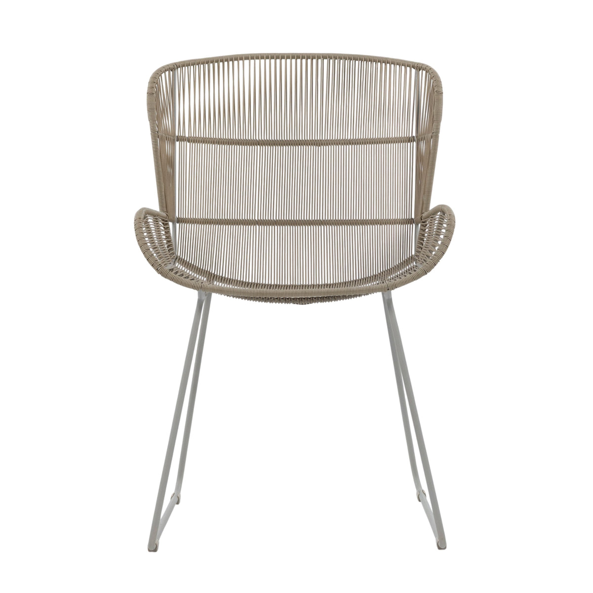 Nairobi Woven Dining Armchair in Greige / Linen, featuring a curved synthetic wicker seat and backrest with a coordinating metal sled-style frame. Front view.