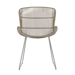 Nairobi Woven Dining Armchair in Greige / Linen, featuring a curved synthetic wicker seat and backrest with a coordinating metal sled-style frame. Front view.