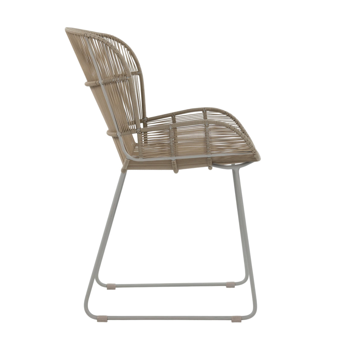 Nairobi Woven Dining Armchair in Greige / Linen, featuring a curved synthetic wicker seat and backrest with a coordinating metal sled-style frame. Side view.