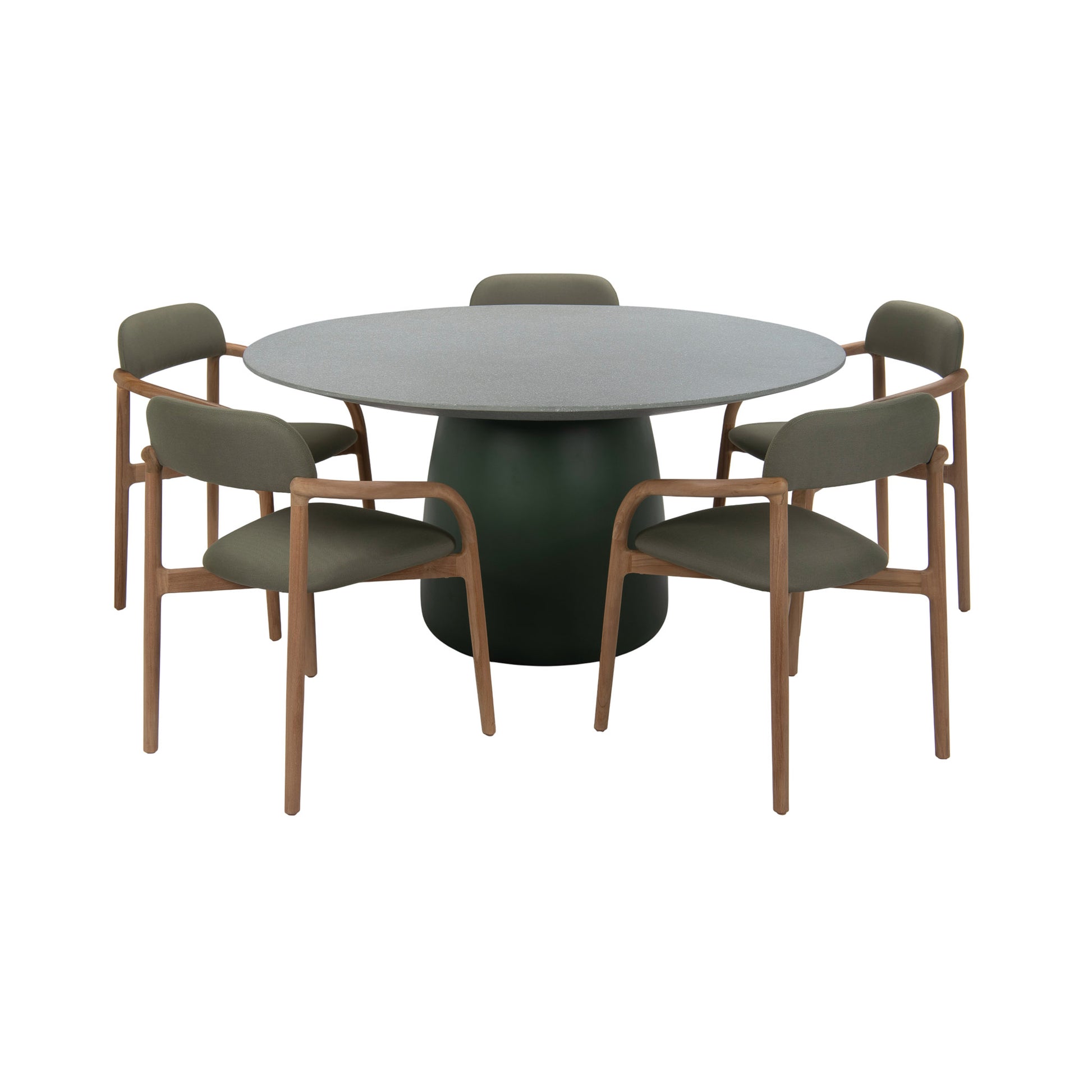 Top view of Naxos outdoor round dining table with dining chairs.