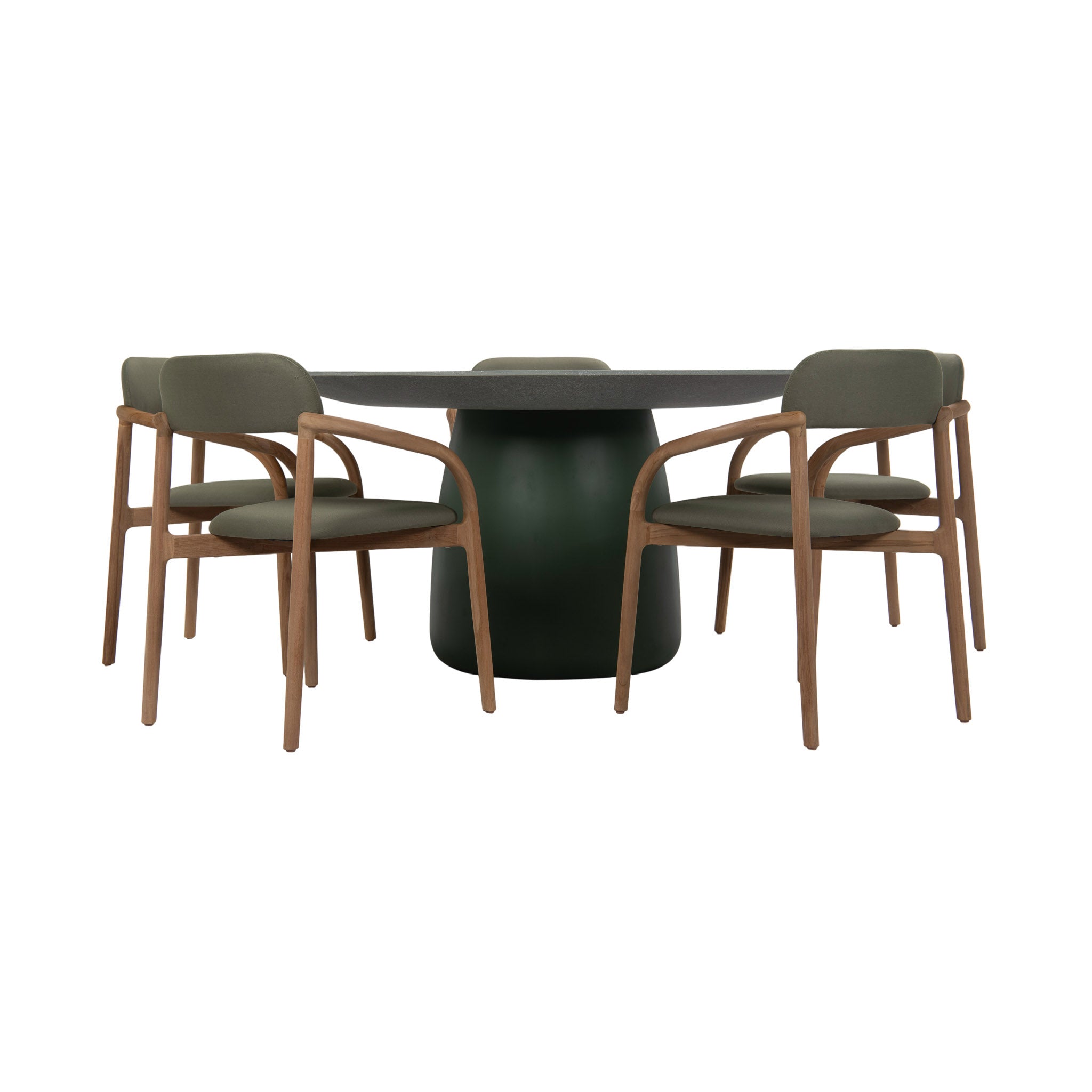 Naxos outdoor round dining table with dining chairs. 