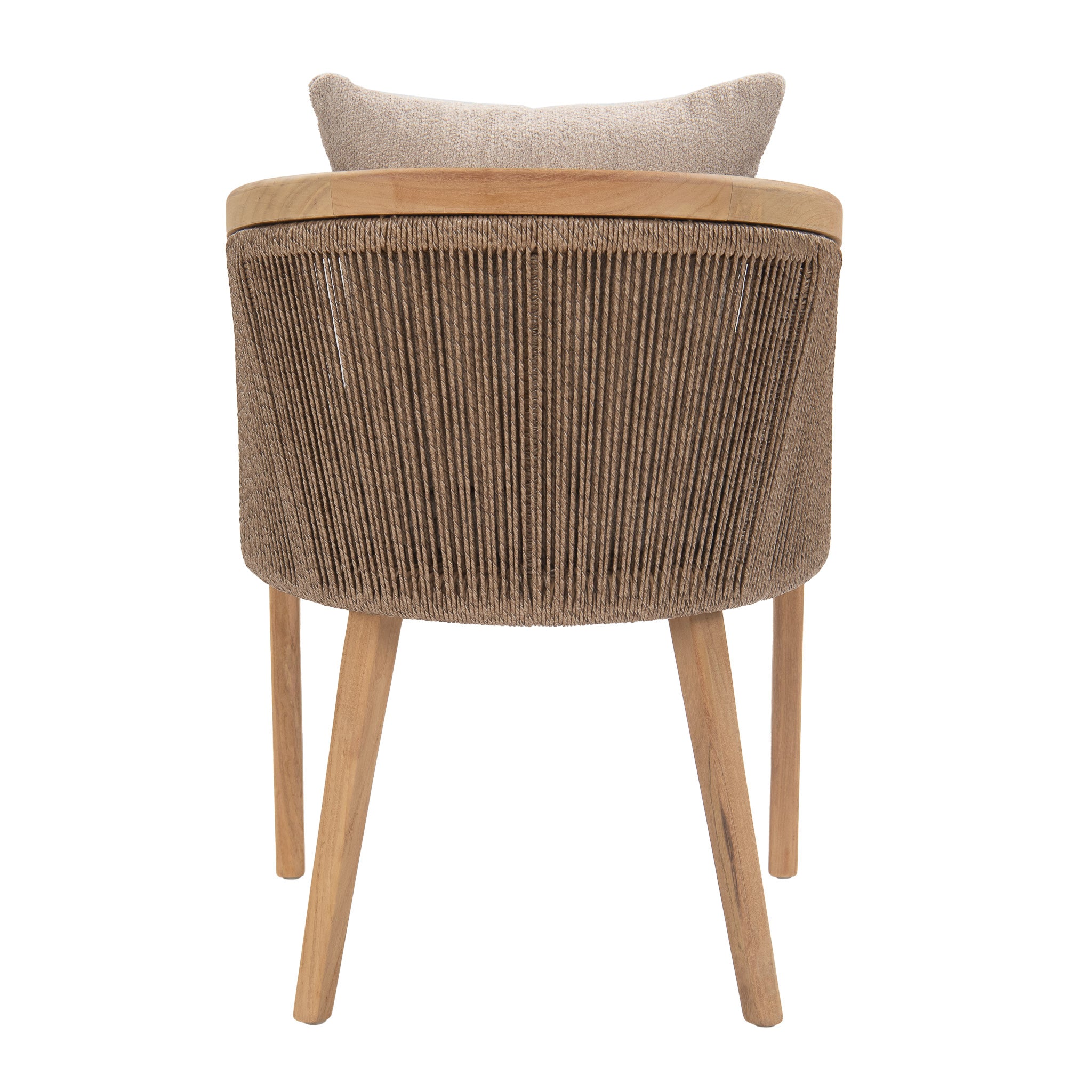 Back view of Nicolo Armchair featuring open-weave back and teak legs