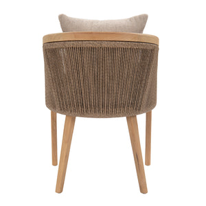 Back view of Nicolo Armchair featuring open-weave back and teak legs