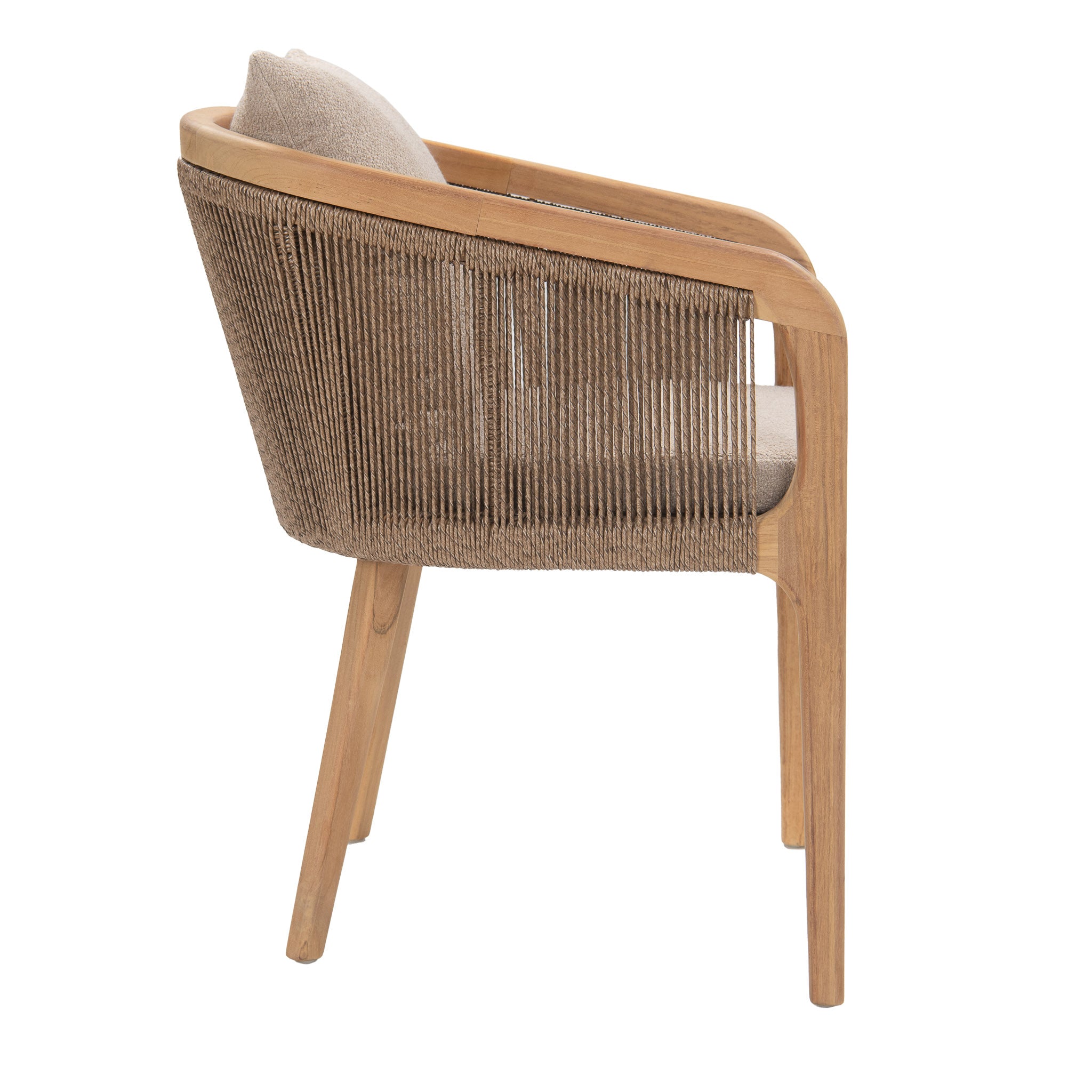 Side view of Nicolo Dining Armchair showing sculpted arms and teak frame