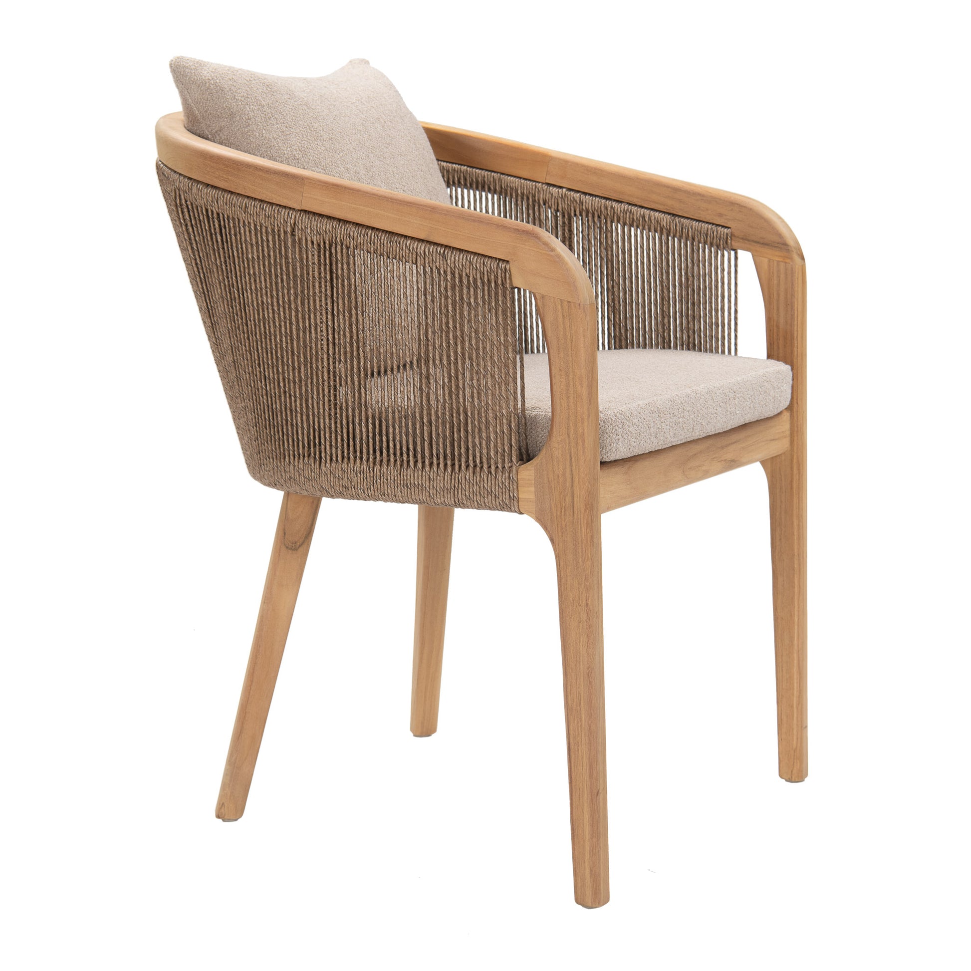 Nicolo Outdoor Teak Dining Armchair with curved back and UV weave, angled view