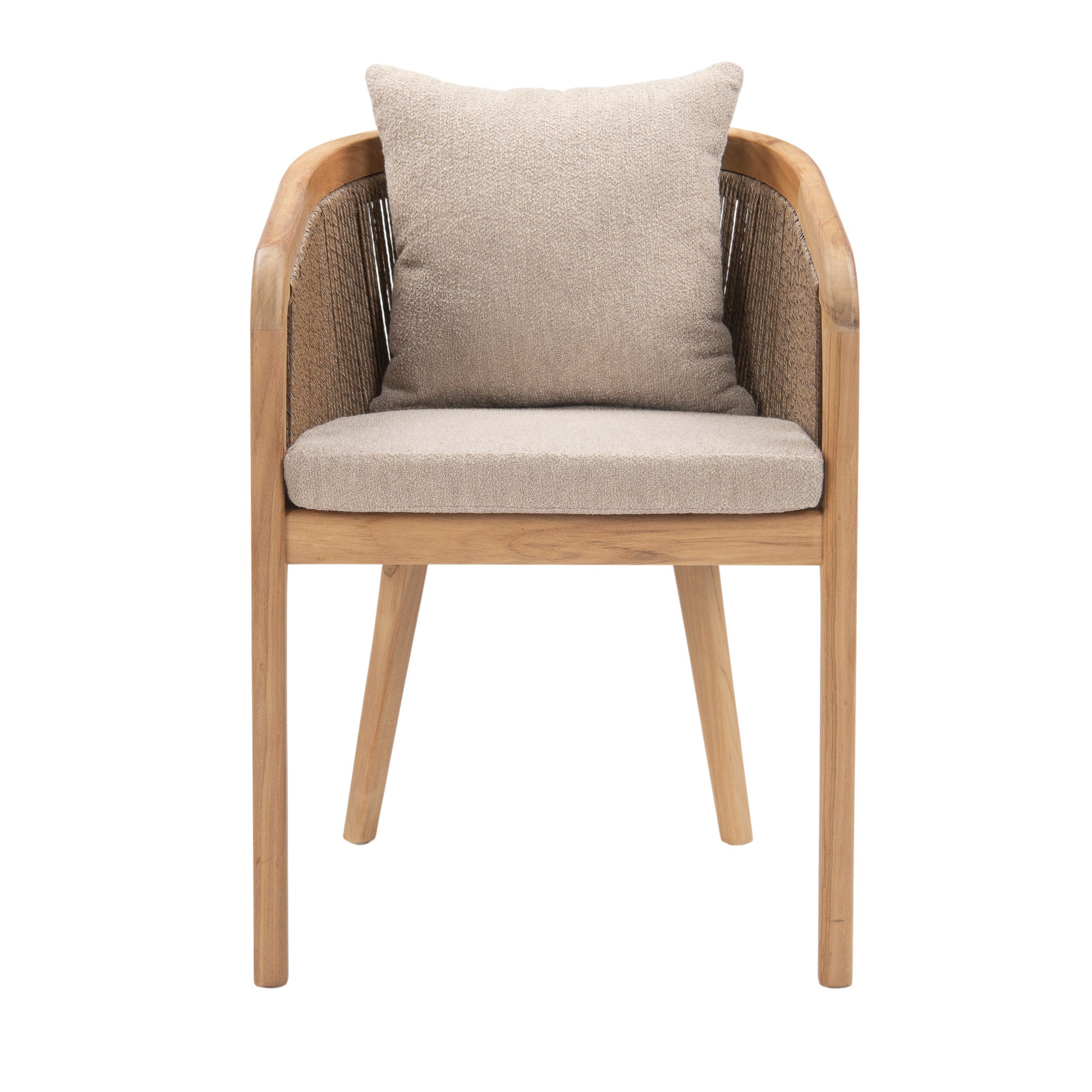 Nicolo outdoor teak dining armchair with back cushion. Front view.