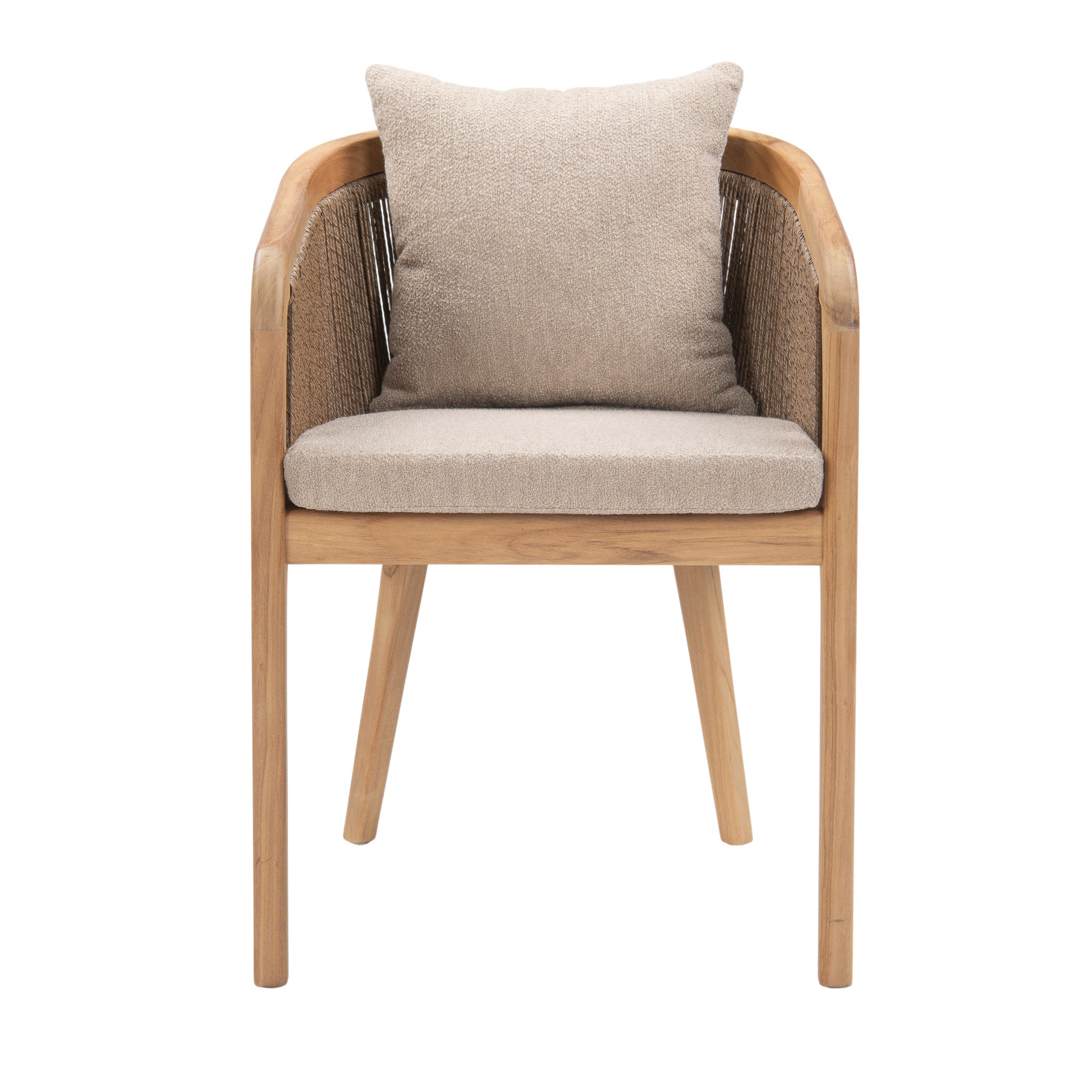 Nicolo outdoor teak dining armchair with back cushion. Front view.