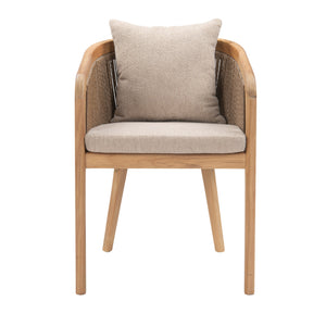 Nicolo outdoor teak dining armchair with back cushion. Front view.