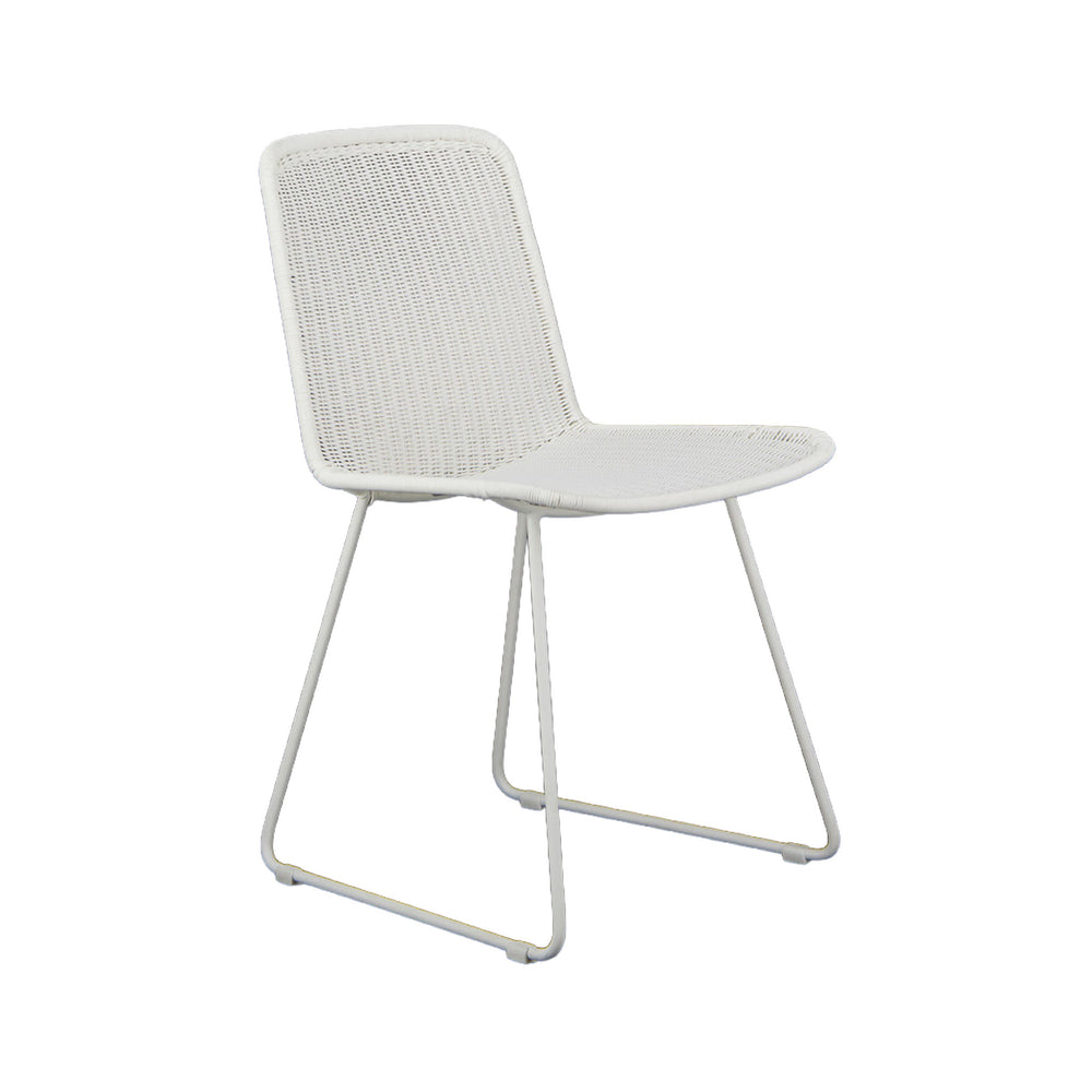 Olive woven wicker dining side chair in stone white colour. Front angle view.