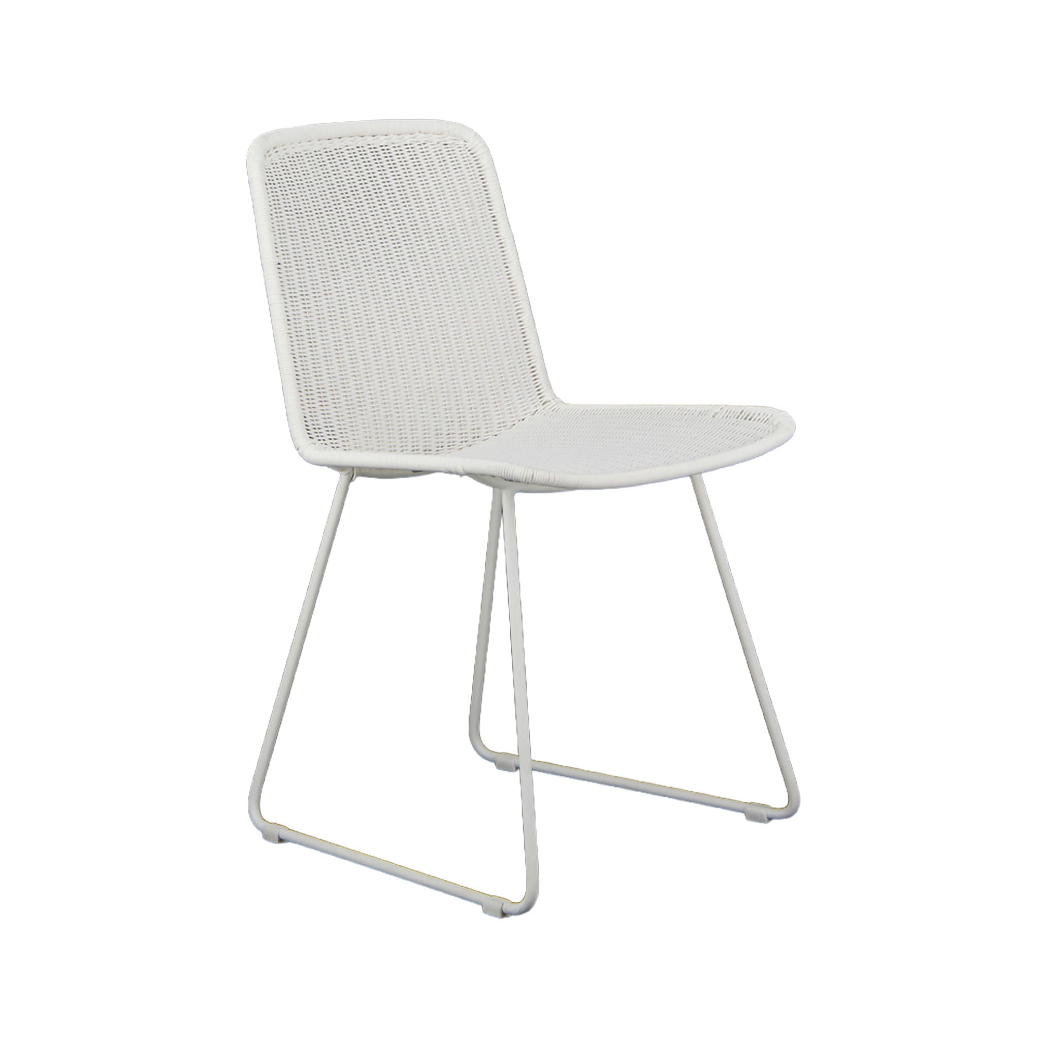 Olive woven wicker dining side chair in stone white colour. Front angle view.