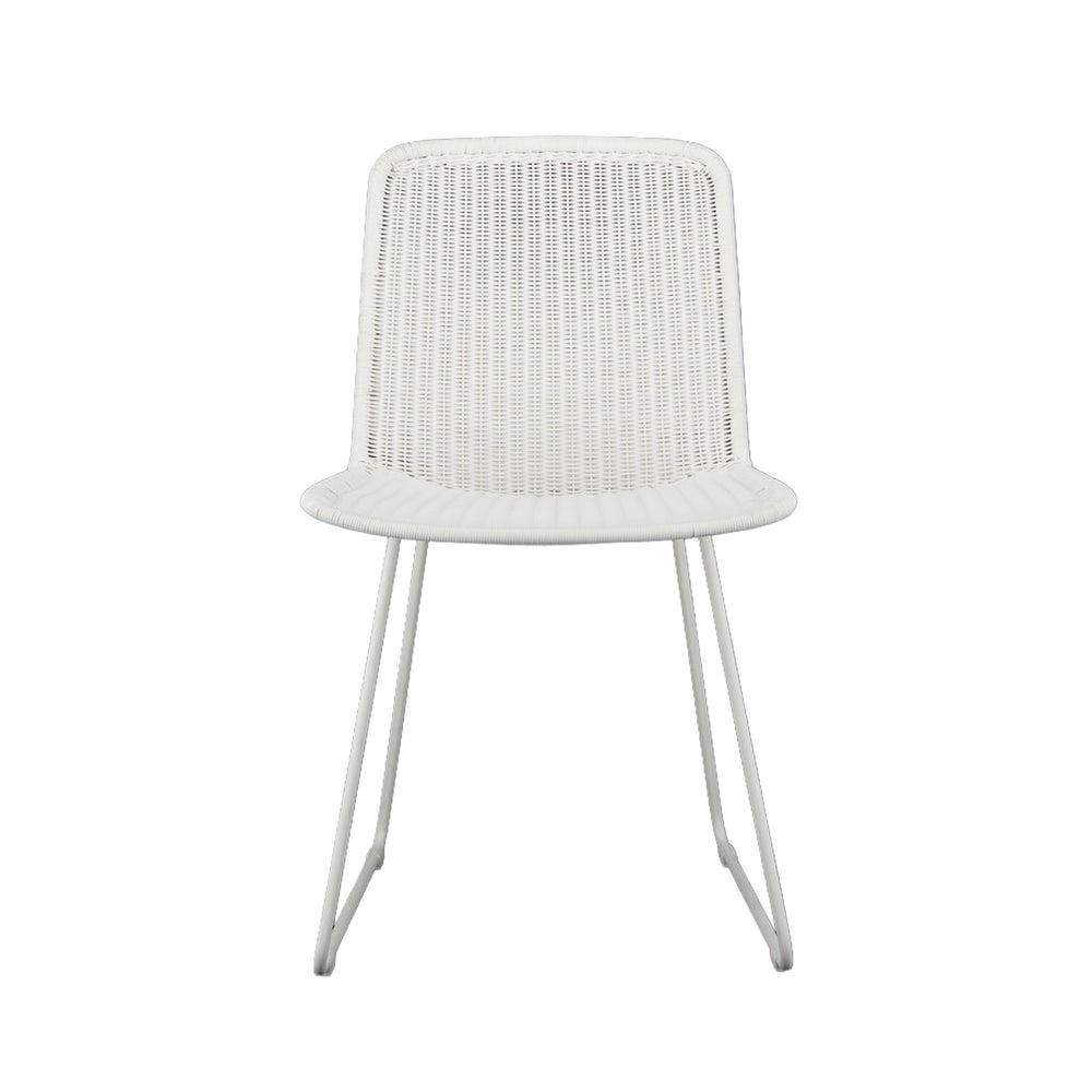 Olive woven wicker dining side chair in stone white colour. Side view.