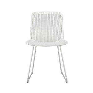 Olive woven wicker dining side chair in stone white colour. Side view.