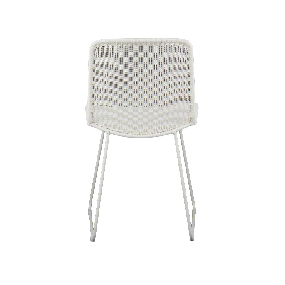 Olive woven wicker dining side chair in stone white colour. Rear view.